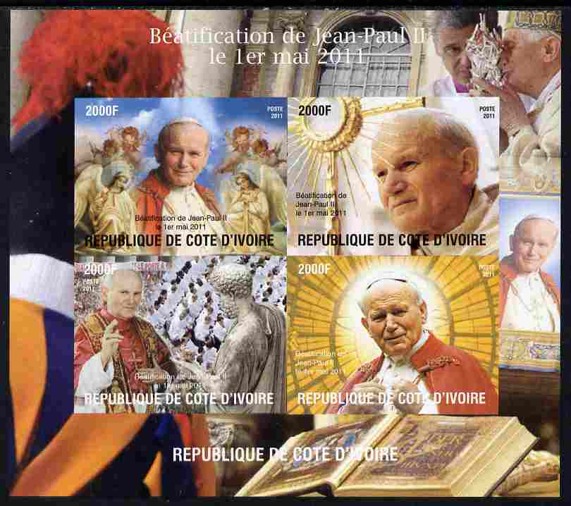 Ivory Coast 2011 Beatification of Pope John Paul II imperf sheetlet containing 4 values unmounted mint. Note this item is privately produced and is offered purely on its thematic appeal, it has no postal validity, stamps on , stamps on  stamps on personalities, stamps on  stamps on pope, stamps on  stamps on popes, stamps on  stamps on religion, stamps on  stamps on 