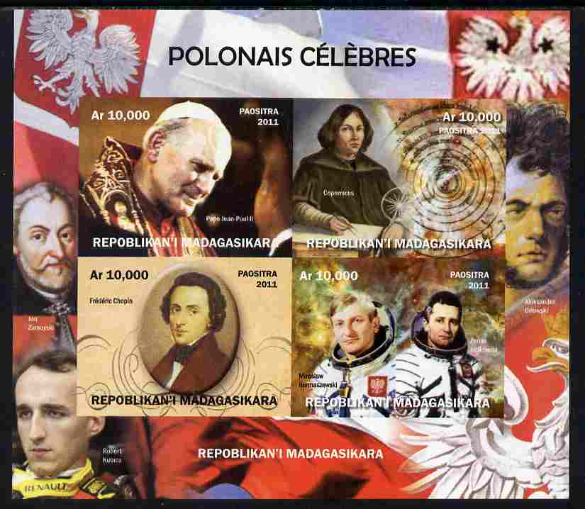 Madagascar 2011 Polish Celebrities imperf sheetlet containing 4 values unmounted mint, stamps on personalities, stamps on pope, stamps on popes, stamps on religion, stamps on chopin, stamps on music, stamps on composers, stamps on copernicus, stamps on space
