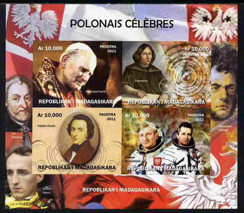 Madagascar 2011 Polish Celebrities imperf sheetlet containing 4 values unmounted mint, stamps on , stamps on  stamps on personalities, stamps on  stamps on pope, stamps on  stamps on popes, stamps on  stamps on religion, stamps on  stamps on chopin, stamps on  stamps on music, stamps on  stamps on composers, stamps on  stamps on copernicus, stamps on  stamps on space