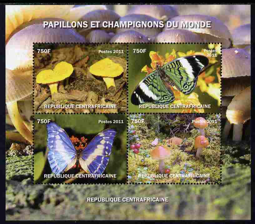 Central African Republic 2011 Butterflies & Mushrooms #1 perf sheetlet containing 4 values unmounted mint. Note this item is privately produced and is offered purely on its thematic appeal, stamps on , stamps on  stamps on butterflies, stamps on  stamps on fungi