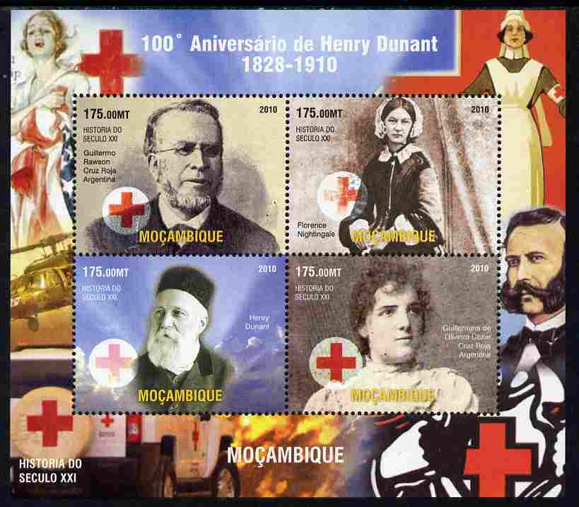 Mozambique 2011 Death Centenary of Henry Dunant perf sheetlet containing 4 values unmounted mint. Note this item is privately produced and is offered purely on its thematic appeal, stamps on , stamps on  stamps on personalities, stamps on  stamps on dunant, stamps on  stamps on red cross, stamps on  stamps on nobel, stamps on  stamps on peace, stamps on  stamps on medical, stamps on  stamps on nurses, stamps on  stamps on nursing