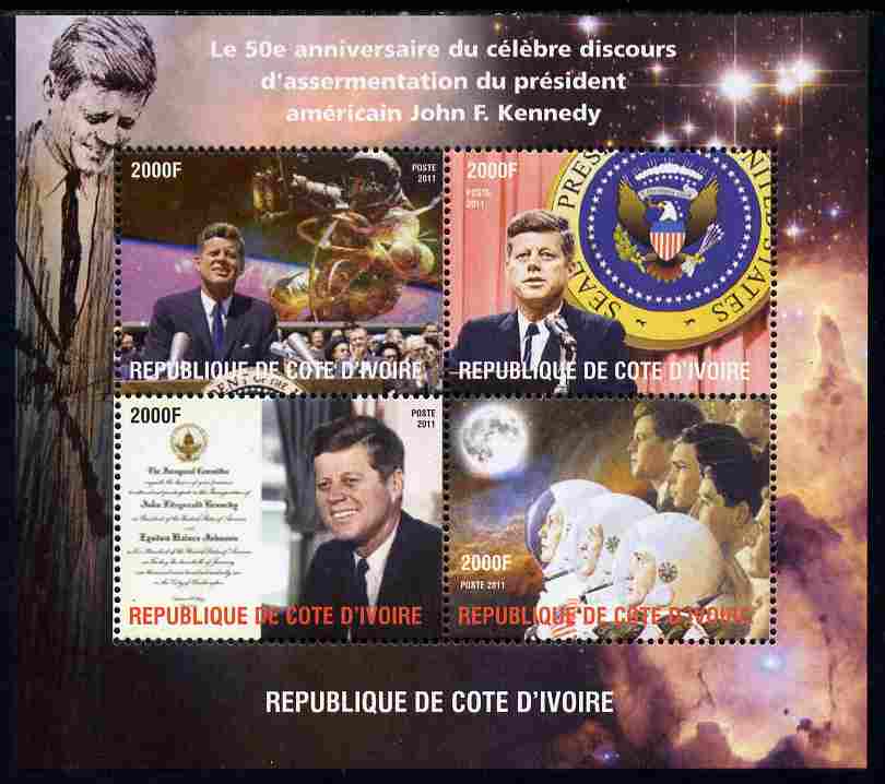Ivory Coast 2011 50th Anniversary of Pres Kennedys Inaugural Speech perf sheetlet containing 4 values unmounted mint. Note this item is privately produced and is offered ..., stamps on personalities, stamps on constitutions, stamps on kennedy, stamps on usa presidents, stamps on americana, stamps on space