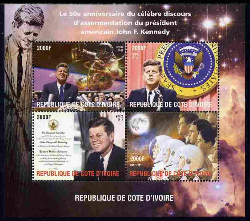 Ivory Coast 2011 50th Anniversary of Pres Kennedy's Inaugural Speech perf sheetlet containing 4 values unmounted mint. Note this item is privately produced and is offered purely on its thematic appeal, stamps on , stamps on  stamps on personalities, stamps on  stamps on constitutions, stamps on  stamps on kennedy, stamps on  stamps on usa presidents, stamps on  stamps on americana, stamps on  stamps on space