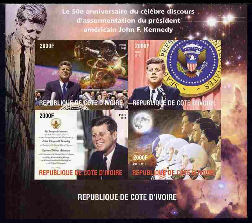 Ivory Coast 2011 50th Anniversary of Pres Kennedy's Inaugural Speech imperf sheetlet containing 4 values unmounted mint. Note this item is privately produced and is offered purely on its thematic appeal, it has no postal validity, stamps on , stamps on  stamps on personalities, stamps on  stamps on constitutions, stamps on  stamps on kennedy, stamps on  stamps on usa presidents, stamps on  stamps on americana, stamps on  stamps on space