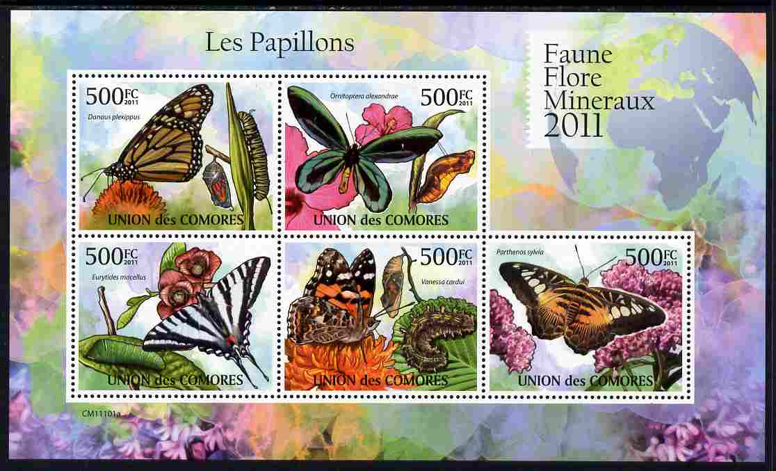 Comoro Islands 2011 Butterflies #1 perf sheetlet containing 5 values unmounted mint, stamps on , stamps on  stamps on butterflies