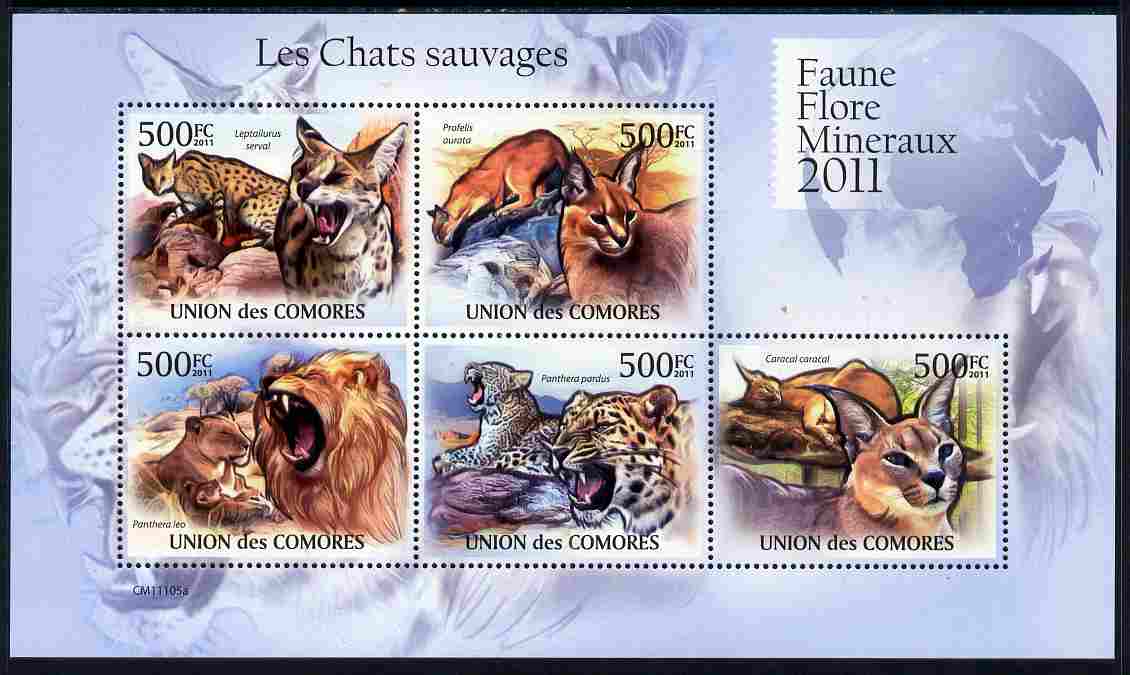Comoro Islands 2011 Wild Cats perf sheetlet containing 5 values unmounted mint, stamps on cats, stamps on lions