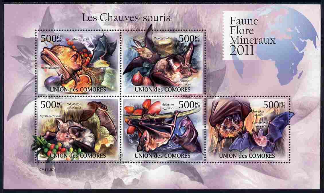 Comoro Islands 2011 Bats perf sheetlet containing 5 values unmounted mint, stamps on mammals, stamps on bats