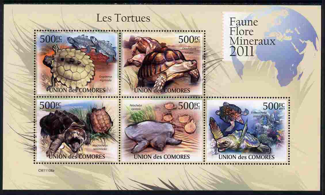 Comoro Islands 2011 Turtles perf sheetlet containing 5 values unmounted mint, stamps on , stamps on  stamps on reptiles, stamps on  stamps on turtles