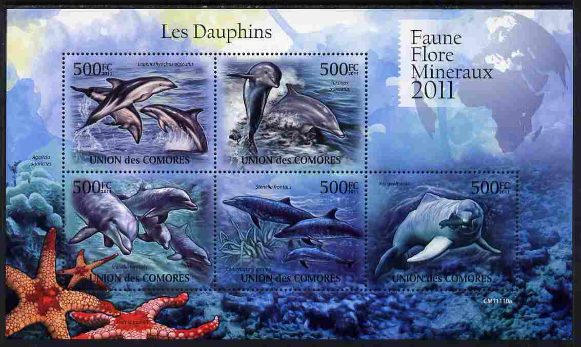 Comoro Islands 2011 Dolphins perf sheetlet containing 5 values unmounted mint, stamps on marine life, stamps on dolphins