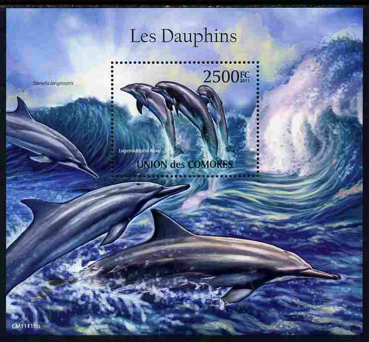 Comoro Islands 2011 Dolphins perf m/sheet unmounted mint, stamps on , stamps on  stamps on marine life, stamps on  stamps on dolphins