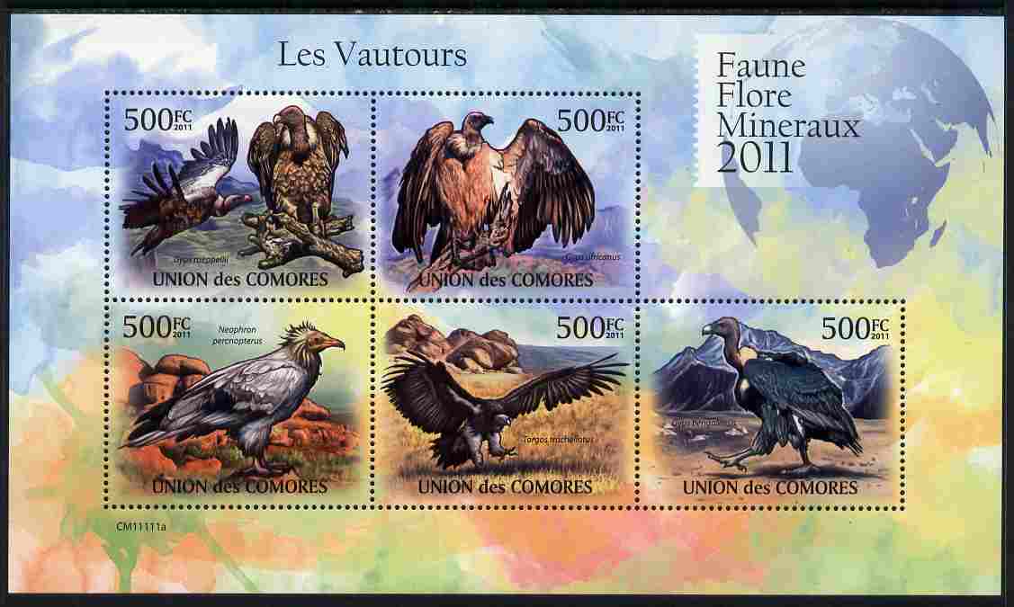 Comoro Islands 2011 Vultures perf sheetlet containing 5 values unmounted mint, stamps on , stamps on  stamps on birds, stamps on  stamps on vultures