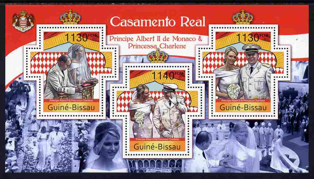 Guinea - Bissau 2011 Royal Wedding - Prince Albert of Monaco & Princess Charlene perf sheetlet containing 3 Cross-shaped values unmounted mint, stamps on , stamps on  stamps on royalty, stamps on  stamps on shaped