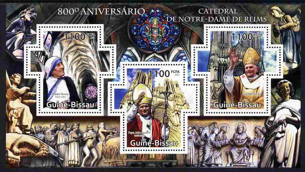 Guinea - Bissau 2011 800th Anniversary of Reims Cathedral perf sheetlet containing 3 Cross-shaped values unmounted mint, stamps on , stamps on  stamps on cathedrals, stamps on  stamps on popes, stamps on  stamps on teresa, stamps on  stamps on religion, stamps on  stamps on pope, stamps on  stamps on shaped