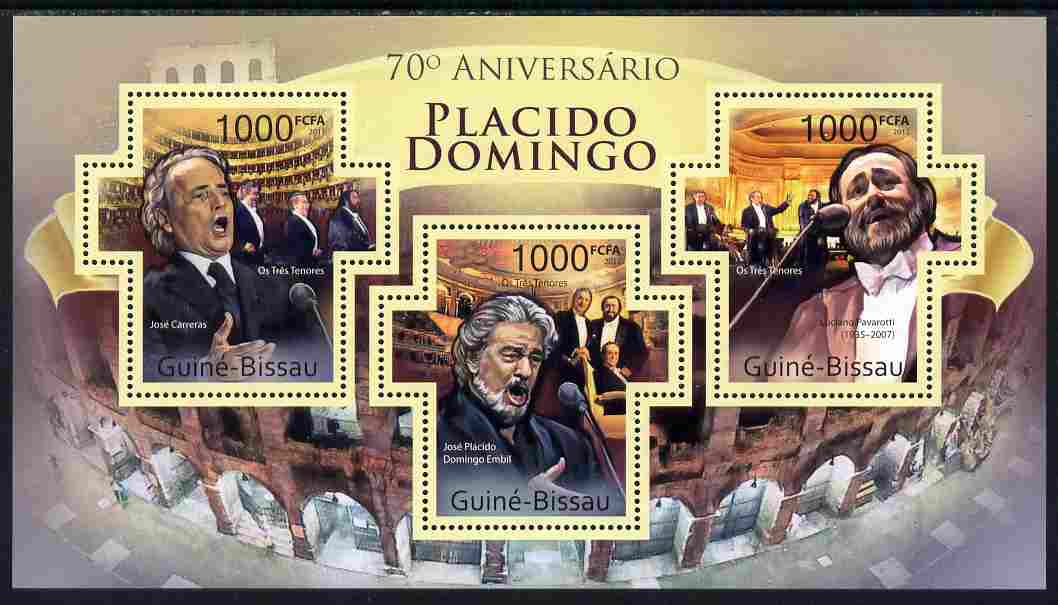 Guinea - Bissau 2011 70th Birth Anniversary of Placido Domingo perf sheetlet containing 3 Cross-shaped values unmounted mint, stamps on personalities, stamps on music