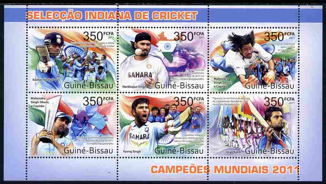 Guinea - Bissau 2011 India's Cricket World Champions perf sheetlet containing 6 values unmounted mint, stamps on , stamps on  stamps on sport, stamps on  stamps on cricket