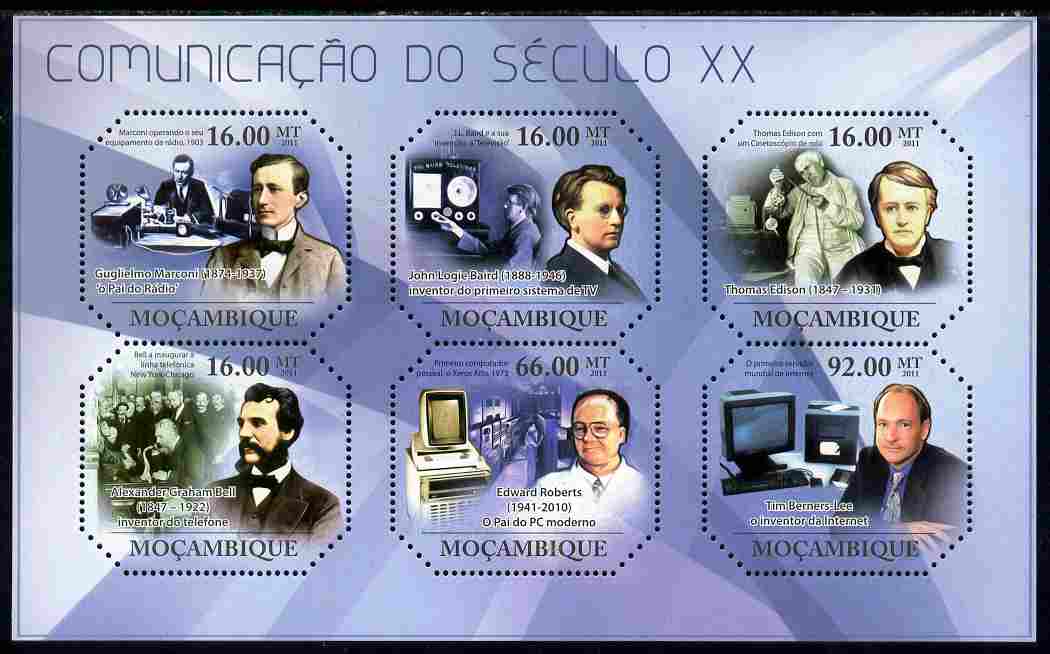 Mozambique 2011 Communication in the 20th Century perf sheetlet containing 6 values unmounted mint, stamps on communications, stamps on marconi, stamps on radio, stamps on  tv , stamps on cinema, stamps on computers, stamps on telephones