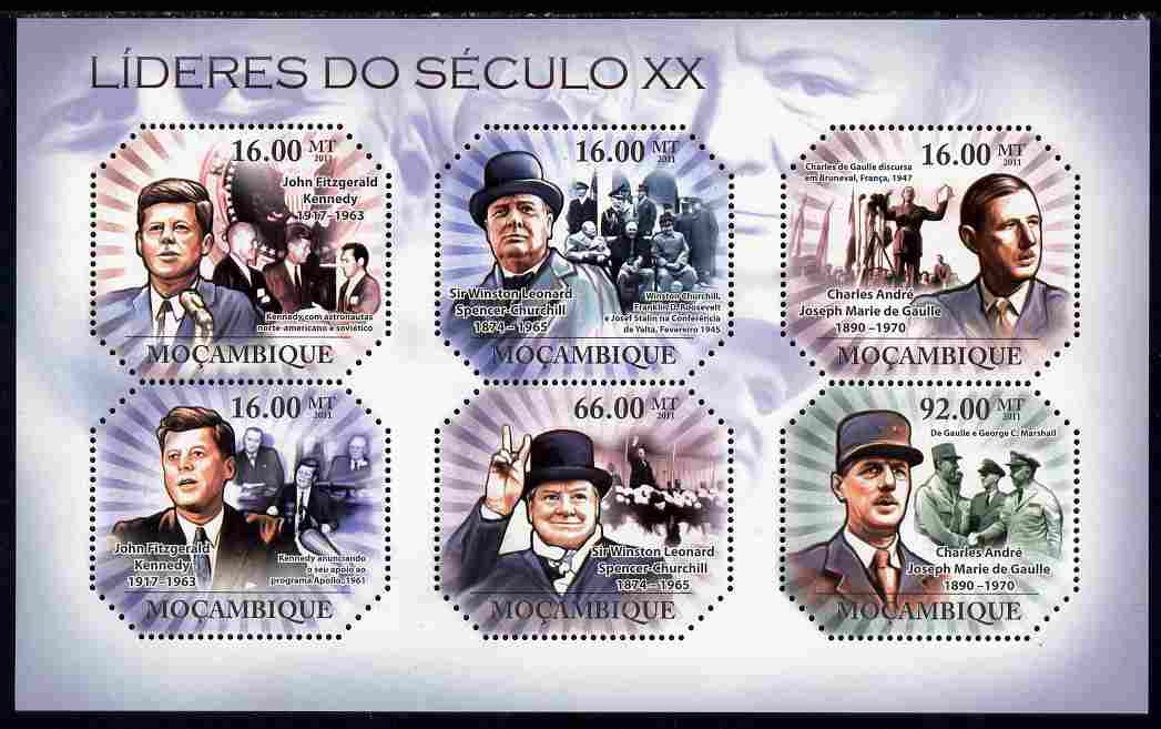 Mozambique 2011 Leaders of the 20th Century #1 perf sheetlet containing 6 values unmounted mint, stamps on , stamps on  stamps on personalities, stamps on  stamps on churchill, stamps on  stamps on constitutions, stamps on  stamps on  ww2 , stamps on  stamps on masonry, stamps on  stamps on masonics, stamps on  stamps on kennedy, stamps on  stamps on usa presidents, stamps on  stamps on americana, stamps on  stamps on de gaulle, stamps on  stamps on  ww2 , stamps on  stamps on militaria