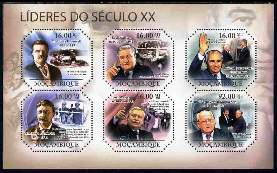 Mozambique 2011 Leaders of the 20th Century #2 perf sheetlet containing 6 values unmounted mint, stamps on , stamps on  stamps on personalities, stamps on  stamps on constitutions, stamps on  stamps on usa presidents, stamps on  stamps on americana, stamps on  stamps on roosevelt, stamps on  stamps on walesa, stamps on  stamps on obama, stamps on  stamps on gorbachev