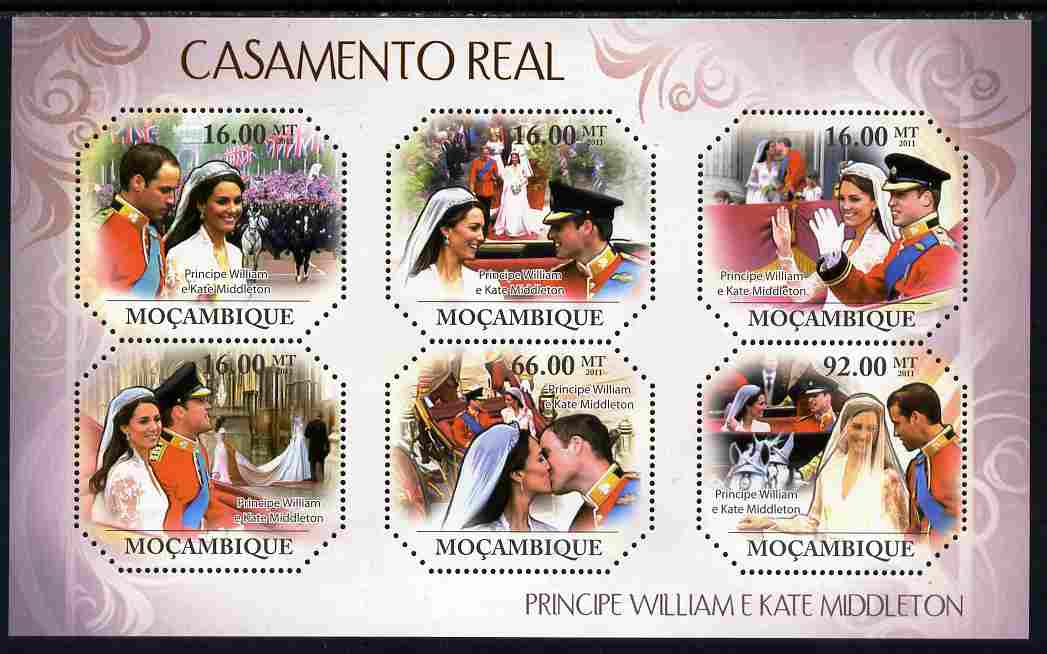 Mozambique 2011 Royal Wedding (William & Kate) perf sheetlet containing 6 values unmounted mint, stamps on , stamps on  stamps on personalities, stamps on  stamps on royalty, stamps on  stamps on royal wedding, stamps on  stamps on william, stamps on  stamps on kate, stamps on  stamps on police