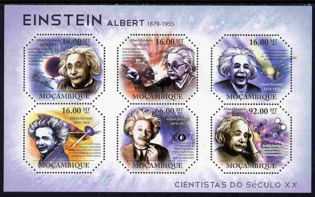 Mozambique 2011 Albert Einstein perf sheetlet containing 6 values unmounted mint, stamps on , stamps on  stamps on personalities, stamps on  stamps on einstein, stamps on  stamps on science, stamps on  stamps on physics, stamps on  stamps on nobel, stamps on  stamps on maths, stamps on  stamps on space, stamps on  stamps on judaica, stamps on  stamps on atomics, stamps on  stamps on mathematics, stamps on  stamps on judaism