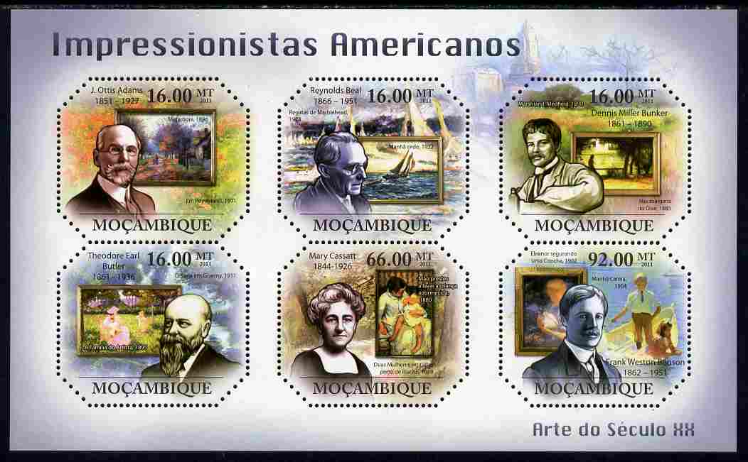 Mozambique 2011 American Impressionists perf sheetlet containing 6 values unmounted mint, stamps on , stamps on  stamps on personalities, stamps on  stamps on arts, stamps on  stamps on americana