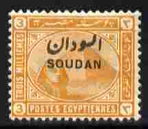 Sudan 1897 Overprint on 3m orange-yellow of Egypt mounted mint SG4, stamps on tourism, stamps on pyramids