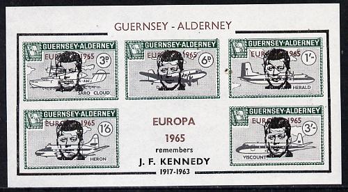 Guernsey - Alderney 1965 John F Kennedy overprint on Aircraft imperf m/sheet additionally opt'd Europa in error, unmounted mint, stamps on , stamps on  stamps on aviation    europa    kennedy     personalities