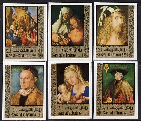 Ras Al Khaima 1971 Paintings by Durer (with Owl in margin) imperf set of 6 unmounted mint Mi 579-84B , stamps on , stamps on  stamps on arts, stamps on  stamps on birds, stamps on  stamps on owls, stamps on  stamps on birds of prey, stamps on  stamps on durer, stamps on  stamps on renaissance