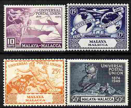 Malaya - Malacca 1949 KG6 75th Anniversary of Universal Postal Union set of 4 mounted mint, SG 18-21, stamps on , stamps on  stamps on , stamps on  stamps on  kg6 , stamps on  stamps on  upu , stamps on  stamps on 