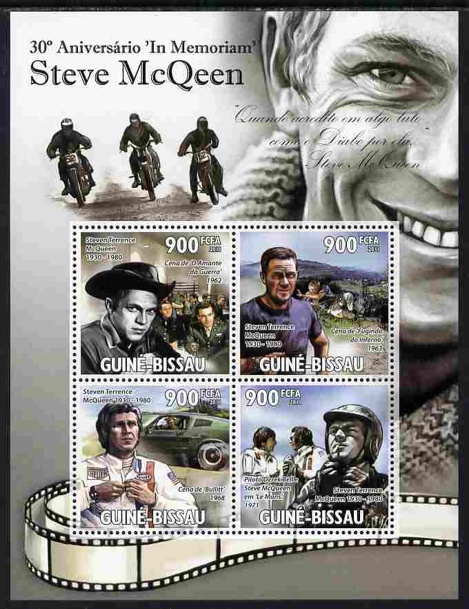 Guinea - Bissau 2011 30th Death Anniversary of Steve McQueen perf sheetlet containing 4 values unmounted mint Michel 5298-5301, stamps on , stamps on  stamps on personalities, stamps on  stamps on films, stamps on  stamps on cinema, stamps on  stamps on movies, stamps on  stamps on  ww2 , stamps on  stamps on motorbikes, stamps on  stamps on cars, stamps on  stamps on  f1 , stamps on  stamps on 