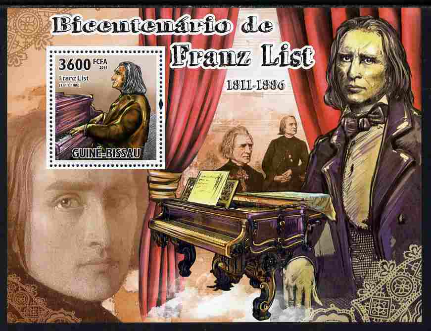 Guinea - Bissau 2011 Bicentenary of Birth of Franz Liszt perf s/sheet unmounted mint Michel BL 914, stamps on , stamps on  stamps on personalities, stamps on  stamps on music, stamps on  stamps on composers, stamps on  stamps on liszt