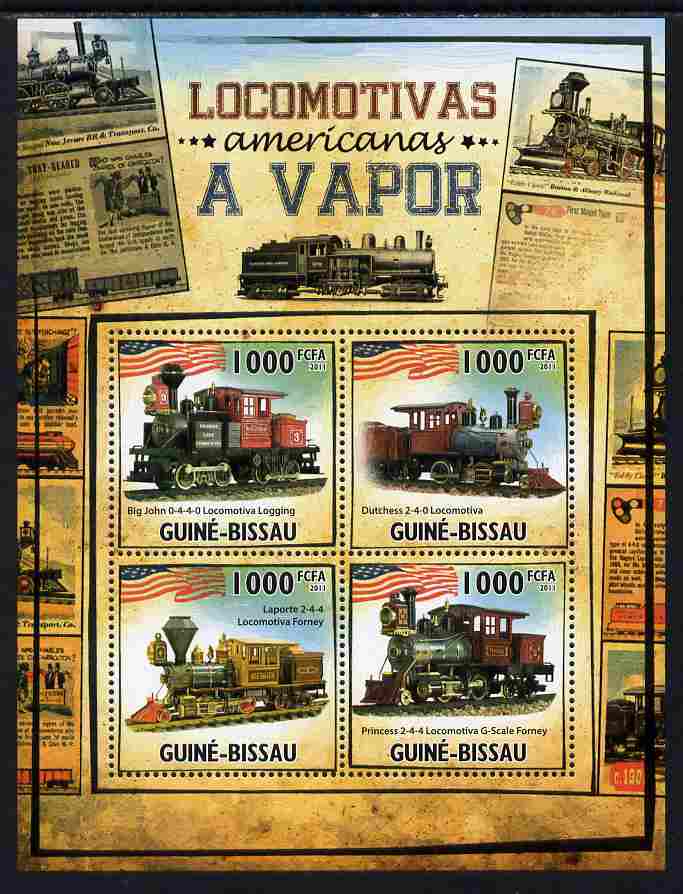 Guinea - Bissau 2011 American Steam Locomotives perf sheetlet containing 4 values unmounted mint Michel 5323-26, stamps on , stamps on  stamps on railways, stamps on  stamps on americana, stamps on  stamps on flags