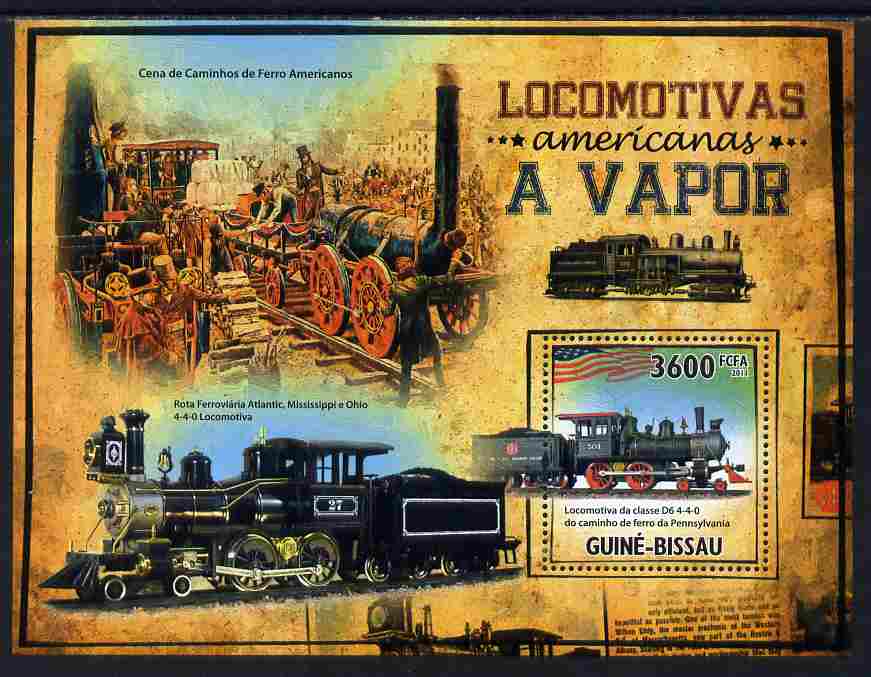 Guinea - Bissau 2011 American Steam Locomotives perf s/sheet unmounted mint Michel BL 913, stamps on railways, stamps on americana, stamps on flags