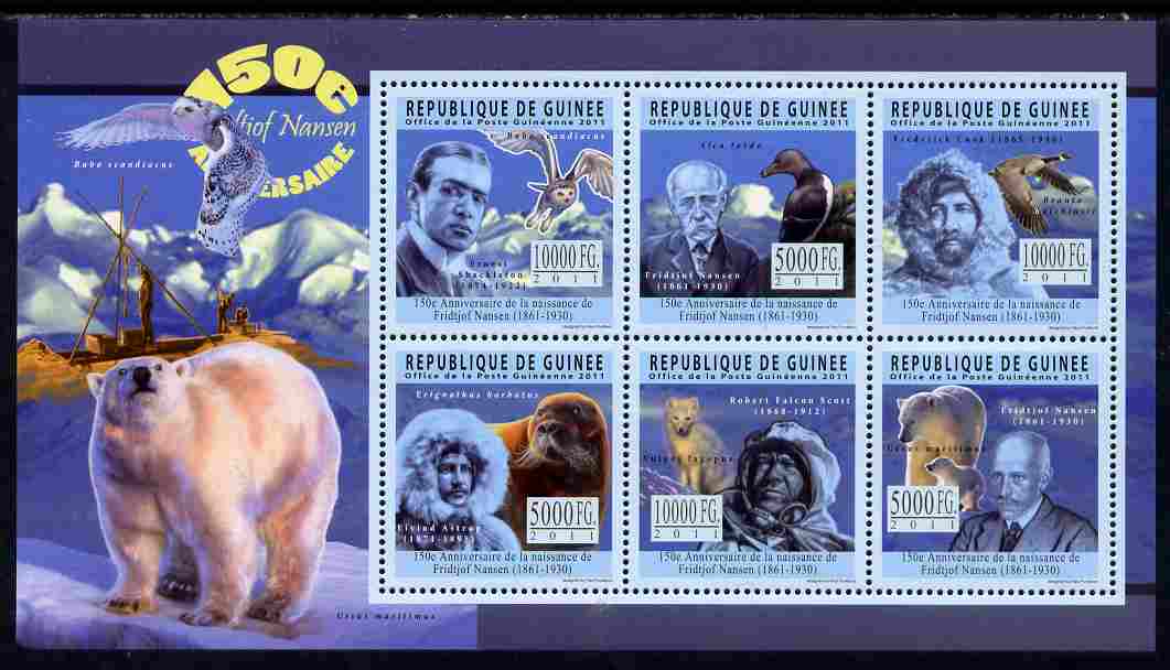 Guinea - Conakry 2011 150th Birth Anniversary of Fridtjof Nansen perf sheetlet containing 6 values unmounted mint, stamps on personalities, stamps on explorers, stamps on polar, stamps on ships, stamps on bears, stamps on dogs, stamps on birds, stamps on owls, stamps on 