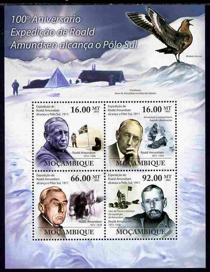 Mozambique 2011 Centenary of Roald Amundsens Expedition to the South Pole perf sheetlet containing 4 values unmounted mint Michel 4494-97, stamps on personalities, stamps on polar, stamps on explorers, stamps on dogs, stamps on birds