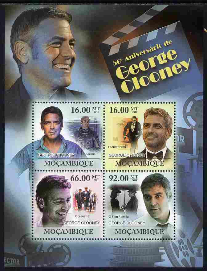 Mozambique 2011 50th Birth Anniversary of George Clooney perf sheetlet containing 4 values unmounted mint Michel 4519-22, stamps on , stamps on  stamps on personalities, stamps on  stamps on films, stamps on  stamps on movies, stamps on  stamps on cinema, stamps on  stamps on umbrellas