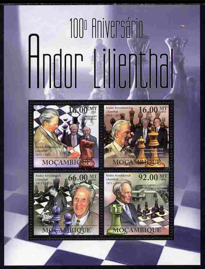 Mozambique 2011 Birth Centenary of Andor Lilienthal (chess) perf sheetlet containing 4 values unmounted mint Michel 4509-12, stamps on , stamps on  stamps on personalities, stamps on  stamps on chess