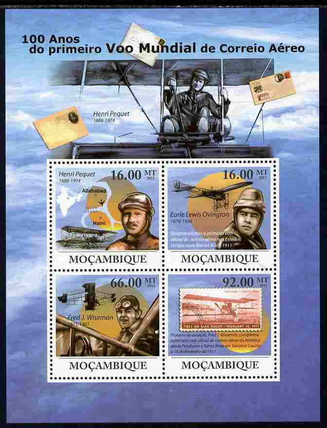 Mozambique 2011 Centenary of First World Air Mail perf sheetlet containing 4 values unmounted mint Michel 4499-4502, stamps on , stamps on  stamps on postal, stamps on  stamps on aviation, stamps on  stamps on stampon, stamps on  stamps on stamp on stamp