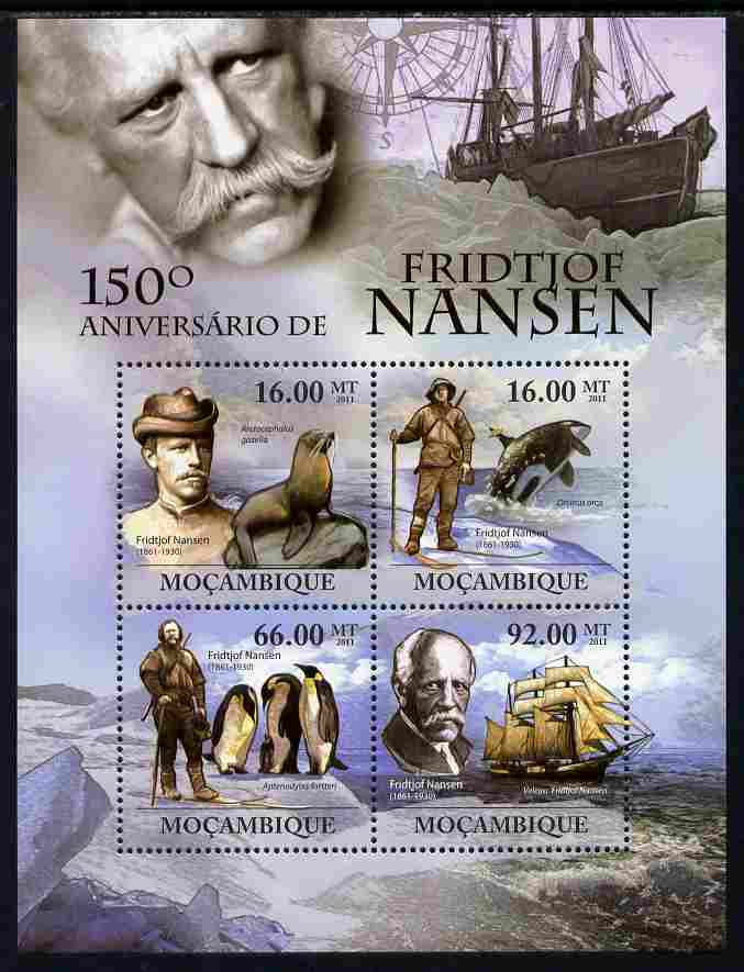 Mozambique 2011 150th Birth Anniversary of Fridtjof Nansen perf sheetlet containing 4 values unmounted mint Michel 4489-92, stamps on personalities, stamps on explorers, stamps on polar, stamps on ships, stamps on seals, stamps on penguins, stamps on whales
