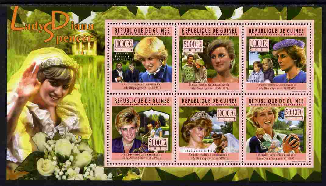 Guinea - Conakry 2011 50th Birth Anniversary of Princess Diana perf sheetlet containing 6 values unmounted mint, stamps on personalities, stamps on royalty, stamps on diana, stamps on william, stamps on 