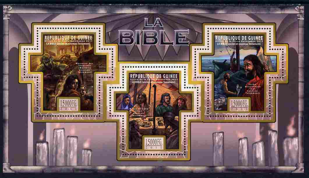 Guinea - Conakry 2011 The Bible #1 perf sheetlet containing 3 Cross shaped values unmounted mint, stamps on , stamps on  stamps on religion, stamps on  stamps on bible, stamps on  stamps on shaped, stamps on  stamps on judaism, stamps on  stamps on judaica