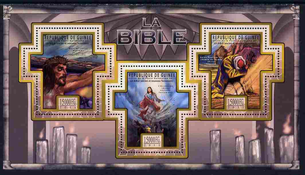 Guinea - Conakry 2011 The Bible #3 perf sheetlet containing 3 Cross shaped values unmounted mint, stamps on , stamps on  stamps on religion, stamps on  stamps on bible, stamps on  stamps on shaped, stamps on  stamps on judaism, stamps on  stamps on judaica