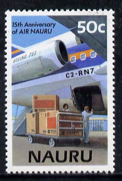 Nauru 1985 15th Anniversary of Air Nauru 50c (Freight loading into Boeing 727) unmounted mint SG 321, stamps on aviation