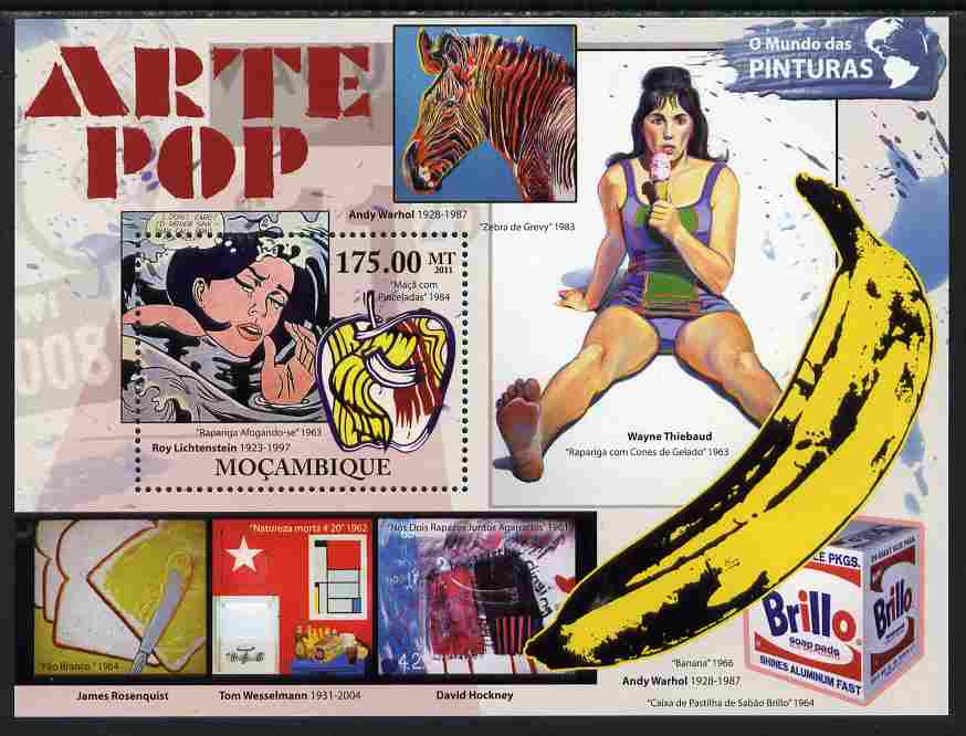 Mozambique 2011 Pop Art Paintings perf s/sheet unmounted mint, stamps on arts, stamps on warhol, stamps on hockney, stamps on bananas, stamps on 