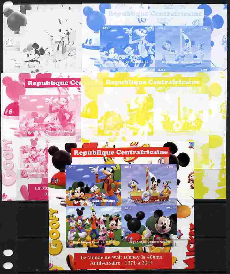 Central African Republic 2011 The World of Walt Disney #2 sheetlet containing 4 values - the set of 5 imperf progressive proofs comprising the 4 individual colours plus all 4-colour composite, unmounted mint , stamps on disney, stamps on movies, stamps on cinema, stamps on films