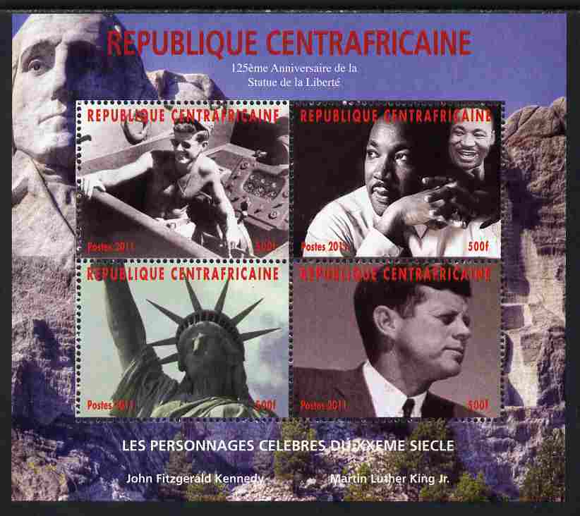 Central African Republic 2011 Celebrities of the 20th Century perf sheetlet containing 4 values unmounted mint. Note this item is privately produced and is offered purely on its thematic appeal, it has no postal validity, stamps on , stamps on  stamps on personalities, stamps on  stamps on kennedy, stamps on  stamps on usa presidents, stamps on  stamps on americanastatue of liberty, stamps on  stamps on luther king, stamps on  stamps on 