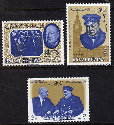 Ras Al Khaima 1965 Churchill perf set of 3 unmounted mint, Mi 15-17A), stamps on , stamps on  stamps on churchill, stamps on  stamps on personalities