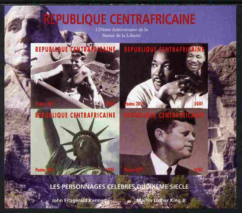 Central African Republic 2011 Celebrities of the 20th Century imperf sheetlet containing 4 values unmounted mint. Note this item is privately produced and is offered purely on its thematic appeal, it has no postal validity, stamps on , stamps on  stamps on personalities, stamps on  stamps on kennedy, stamps on  stamps on usa presidents, stamps on  stamps on americanastatue of liberty, stamps on  stamps on luther king, stamps on  stamps on 