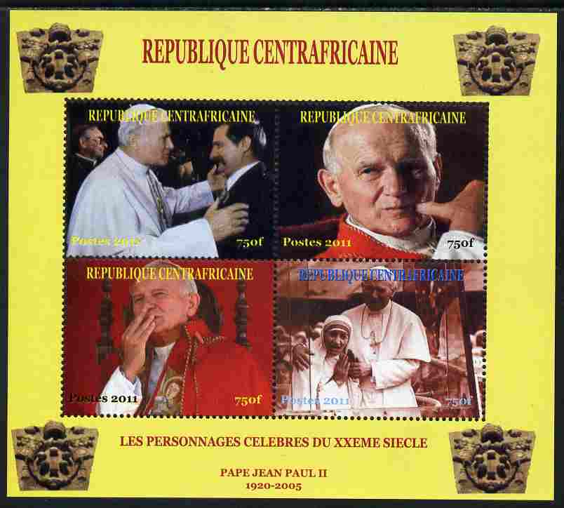 Central African Republic 2011 Pope John Paul II #1 perf sheetlet containing 4 values unmounted mint. Note this item is privately produced and is offered purely on its the..., stamps on personalities, stamps on pope, stamps on popes, stamps on religion, stamps on teresa