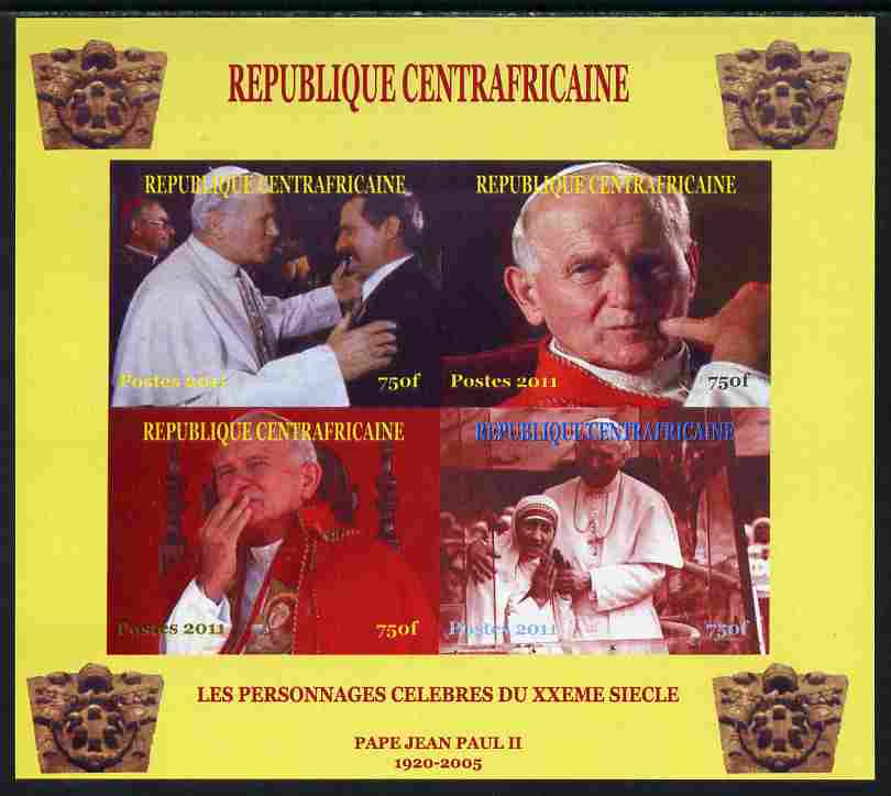 Central African Republic 2011 Pope John Paul II #1 imperf sheetlet containing 4 values unmounted mint. Note this item is privately produced and is offered purely on its thematic appeal, it has no postal validity, stamps on , stamps on  stamps on personalities, stamps on  stamps on pope, stamps on  stamps on popes, stamps on  stamps on religion, stamps on  stamps on teresa